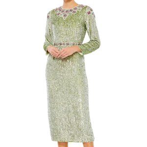MAC DUGGAL 93568 FLORAL BEADED TEA LENGTH SAGE MIDI DRESS sz 16